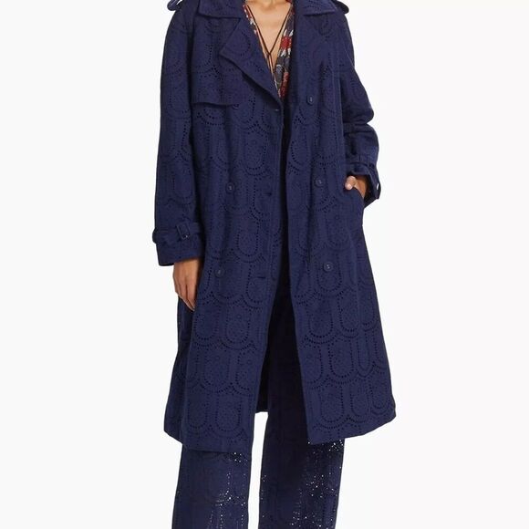 New FARM Rio Navy Blue Pineapple cotton eyelet trench coat size Medium - Picture 2 of 10